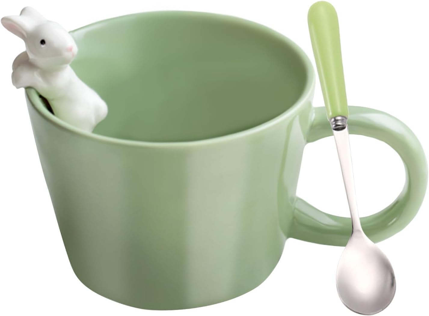 BigNoseDeer Cute Easter Bunny Mugs with 3D Rabbit Inside Ceramic Kawaii Bunny Coffee Mug with Spoon, Cute Gifts Easter Gifts Personalised Birthday Gifts for Women Kids Her Mum Girls 12oz (Green)