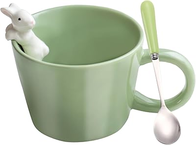 BigNoseDeer Cute Easter Bunny Mugs with 3D Rabbit Inside Ceramic Kawaii Bunny Coffee Mug with Spoon, Cute Gifts Easter Gifts Personalised Birthday Gifts for Women Kids Her Mum Girls 12oz (Green)