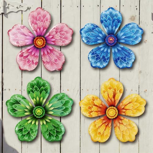 Zoihet 4-Pack Metal Flower Wall Decor, Outdoor Fence and Garden Art