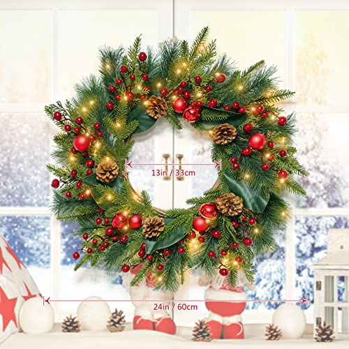 Somyting Artificial Christmas Wreath, 24” Large Pre-Lit Christmas Front Door Wreath With Red Bells, Red Berries, Pine Cones,Ball Ornaments Handcrafted Farmhouse Wreath Christmas Decorations #TOP2