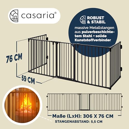CASARIA® Kaminschutzgitter Baby mit Sicherheitstür Metall ohne Bohren 306x76cm Hundegitter Kinderschutz Türschutzgitter Absperrgitter Schwarz