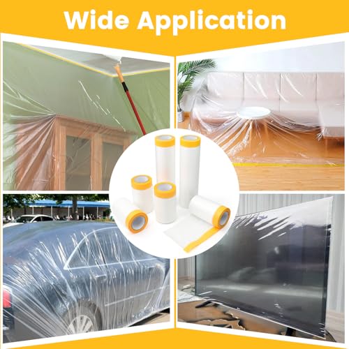 DBTW 6 Rollen Wasserfest Maler Abdeckfolie, 52m² Vorgeklebte Staubschutzfolien, Staubdicht Malerplane, Abdeckfolie mit Klebeband, Malerfolie Vor Spritzern, Malerarbeiten Abdeckplane zum Dekorieren