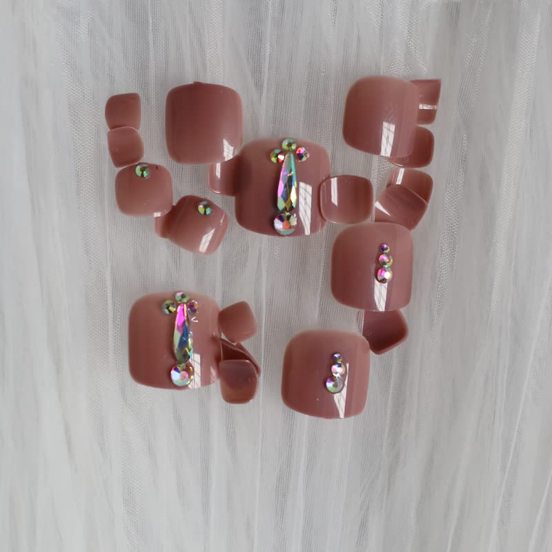 Miniatura 2 de ZYBUXY 24 uñas de los pies a presión color caqui para los dedos de los pies, elegantes y exquisitas piedras brillantes, uñas postizas para novias,