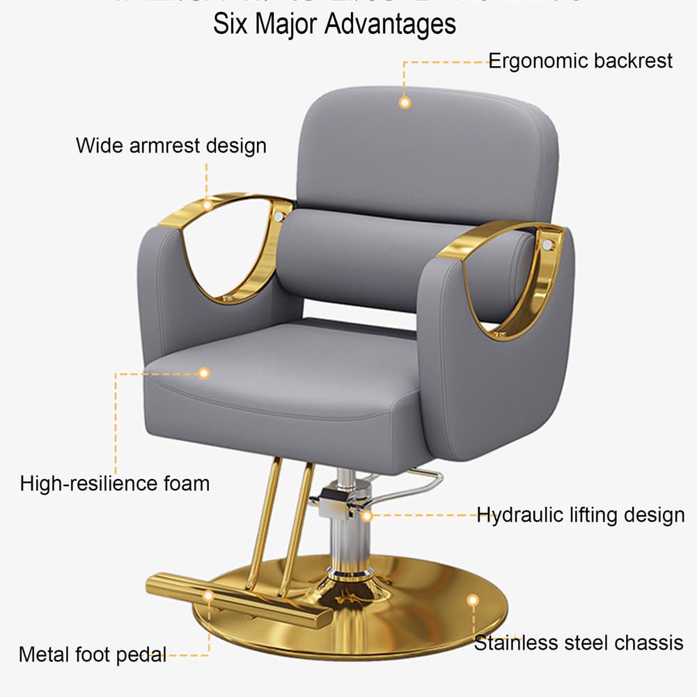 Fauteuil de Salon inclinable hydraulique Base dorée Cuir Noir Fauteuil de Coiffure avec Repose-Pieds pour Salon de Coiffure,Gris,A