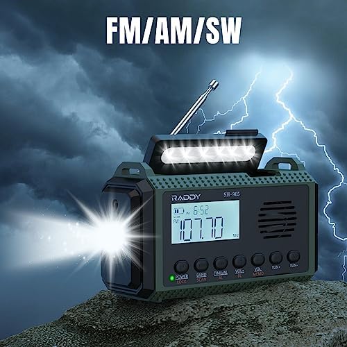 Raddy SH-905 Radio korbowe, pojemność 11 500 mAh, SW/AM/FM, solarne radio awaryjne, przenośne, krótkofalowe, z latarką, lampką do czytania, SOS w przypadku awarii zasilania, do survivalu, na kemping