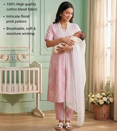 Image of DUMMY SHAPE Maternity Dresses for Women Cotton | Floral Kurta Pant Dupatta Set with Nursing Zippers, Side Pocket | Pre & Post Pregnancy | Feeding Kurti Suit | Baby Shower | Gifts for Pregnant Woman