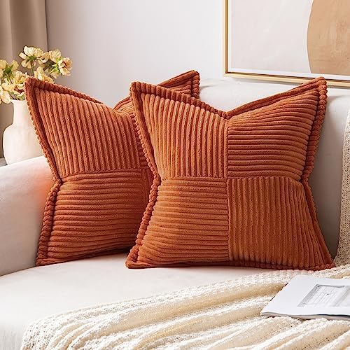 miulee boho decorative pillow covers for couch bed sofa farmhouse home decor 22x22 inch set of 2 rust throw pillow broadside soft corduroy pillowcase with splicing cushion livingroom 22" x 22" (pack of 2) rust