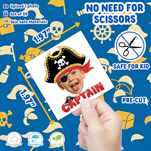 Image of Custom Pirate Temporary Tattoos for Kids, Set of 20 | Personalized Pre-Cut Face Photo, Birthday Party Favors, For Boys & Pirate Fans, Unique Celebration Gifts