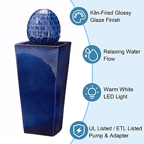 Glitzhome Ceramic Outdoor Water Fountain With Led Light Oversized Artichoke Pedestal Water Fountain With Submersible Pump Patio Fountain Waterfall For Garden Patio Deck Porch, Cobalt Blue, 35.75" H #TOP6