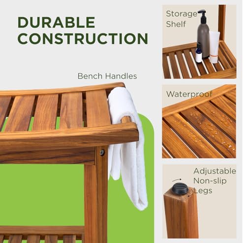 GREENTEAK Premium 22" Teak Wood Shower Bench with Shelf, 2-Tier Waterproof Teak Shower Stool, Non-Slip Feet for Enhanced Safety, Spa Bath Seat for Bathroom, Indoor & Outdoor Use, 300 lb Capacity