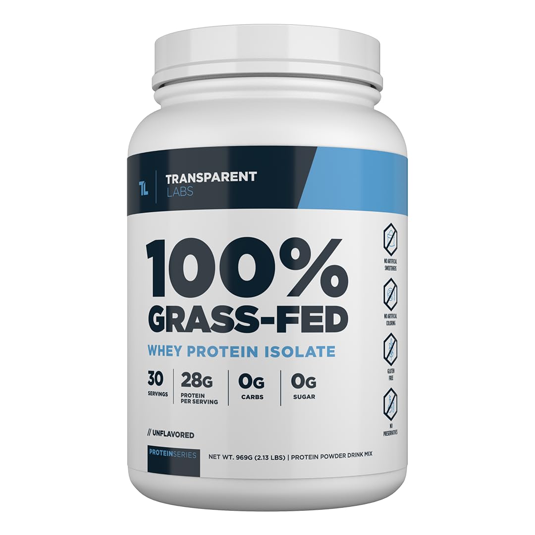 Transparent Labs Grass-Fed Whey Protein Isolate - Naturally Flavored, Gluten Free Whey Protein Powder with 28g of Protein per Serving & 9 Amino Acids - 30 Servings, Unflavored