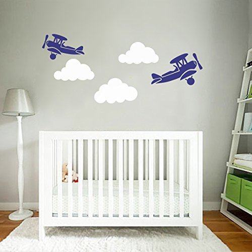 Sticker Mural Avion Parachute 3D Aquarelle - Autocollants Amovibles Chambre Enfant Bébé Thème Avion Nuages, Décor Maternelle Garçon Fille