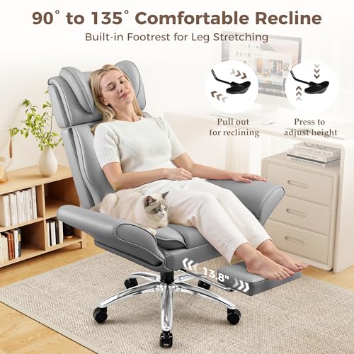 Image of Big and Tall Office Chair, Flip Armrests for Pets & Cross Legged Sitting, Ergonomic Leather Executive Desk Chair with Foot Rest, High-Back Reclining Computer Chairs for Home Office Gaming, Grey