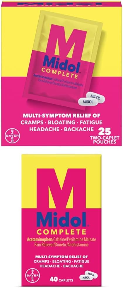 MidolComplete Caplets, with Acetaminophen for Menstrual Symptom Relief of Cramps, Bloating, Fatigue, Headache, Backache, 40 Count & On The Go Pouches, 50 Count (25 Pouches of 2 Caplets)