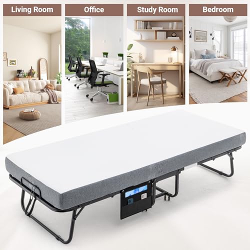 Kiivakii Folding Bed with Mattress, Portable Folding Bedframe with Memory Foam, Sturdy Metal Frame, Space Saving & Easy Storage, 75\" x 31\", Black and Grey