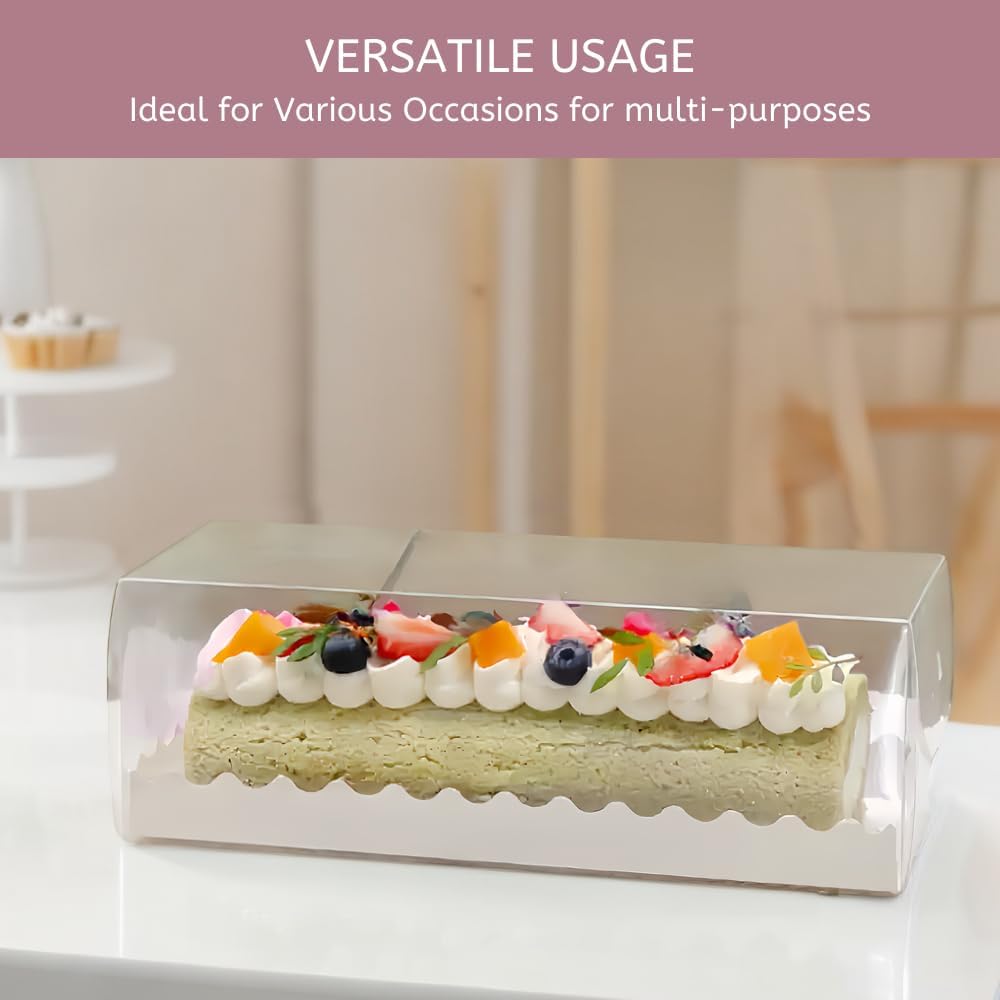 Swiss Roll Cake Box with window Long Pumpkin Roll Container Transparent Lid Bakery Packaging for Cake Roll, Hot Cocoa Bombs, Strawberries, Cookies, 6 Treat Boxes, 11(L) X4(W) X3.7(H) Inch