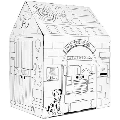 Easy Playhouse Police And Fire Station - Kids Art &Amp; Craft For Indoor &Amp; Outdoor Fun – Decorate &Amp; Personalize The Cardboard Fort, 32' X 26. 5' X 40. 5' - Made In Usa, Age 3+ [Amazon Exclusive], White