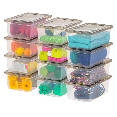 Iris Usa 6.7 Qt. Plastic Storage Container Bin With Latching Lid, 12 Pack, Stackable Nestable Shoe Box Tote Shoebox Closet Organization School Art Supplies - Clear/Smoke #TOP17