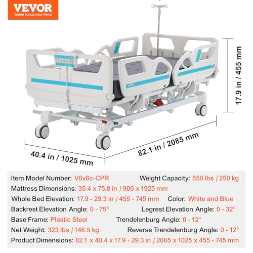 VEVOR Elektrisches Krankenhausbett 250 kg Tragfähigkeit mit Kardiostuhlposition, Trendelenburg und umgekehrter Trendelenburg, 12,7 cm Feststellrollen, Pflegebett 5 Funktionen für Heimkrankenhaus