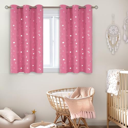 Image of BGment Pink Curtains for Girls Bedroom 45 Inch Long, Short Star and Moon Blackout Curtains for Nursery, Thermal Insulated Room Darkening Small Window Curtains with Grommet for Kids, 42 Wide, 2 Panels