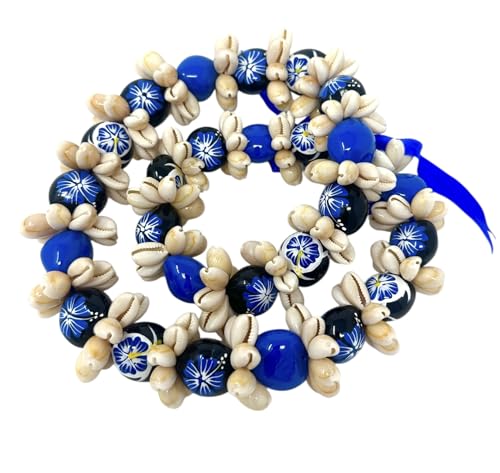 Utama Hawaiian Kukui Nut Lei with Cowrie Shell - Blue, 32 Inches, Adjustable, Unisex, All Ages, Coastal, Casual Events