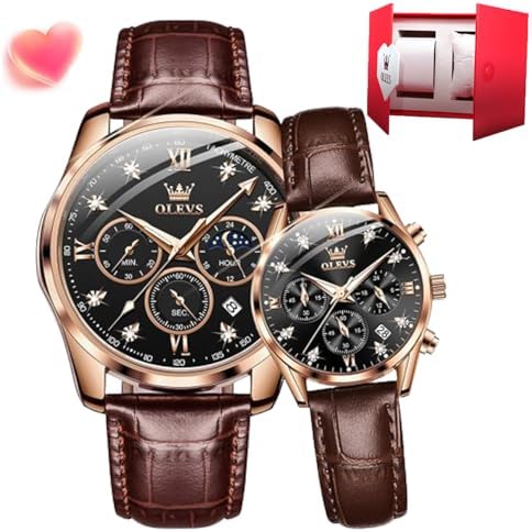 OLEVS Analog Couple Watch Night Light Waterproof Stainless Steel Quartz Watch Men's and Women's Calendar Date Window Leisure Wedding Romantic Double Watch