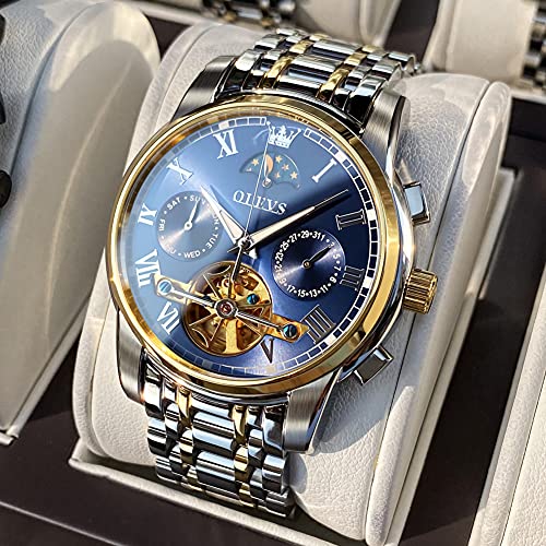 Olevs Men's Automatic Mechanical Watches Luxury Dress Waterproof Self Winding Moon Phase Chronograph Stainless Steel Luminous Date Tourbillon Wristwatch For Men (Blue Dial And Gold Silver Strap) #TOP2