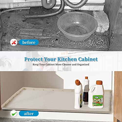 Under Sink Mat For Kitchen Waterproof, 34" X 22" Undersink Mats For Bottom Of Bathroom Sink With Drain Hole, Waterproof Kitchen Bathroom Under Sink Tray And Protector For Drips Leaks Spills, Beige #TOP1