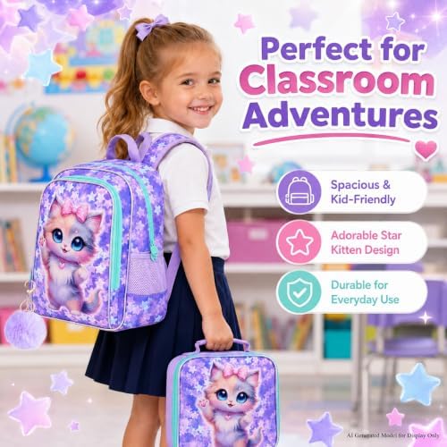 HPJGD 3PCS Backpack for Girls, Water Resistant Kids Bookbag Set with Lunch Box, Cute Preschool Backpack for Elementary Toddler - Bow Cat Catching Joy — view 6