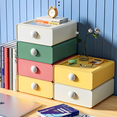 RETON 4 PCS Desktop Storage Drawers, Stackable Desk Organizer with Drawers, Large Capacity Desktop Storage Box for Office, School, Room, Dorm, Bathroom (4 Colors)