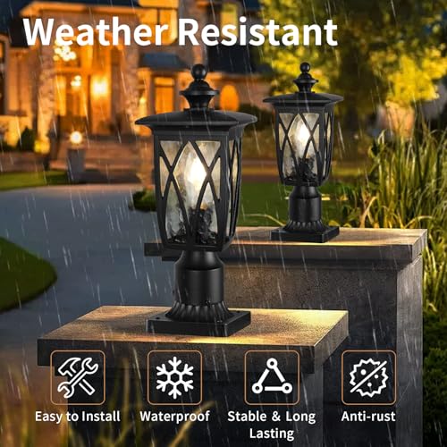 Image of Outdoor Post Lights Lamp Post Light Fixture, 15'' Pole Lantern with E26 Base 60W Max & Waterproof Aluminum Housing Plus Water Ripple Glass,Fence Post Deck Lighting for Garden, Patio, Pathway