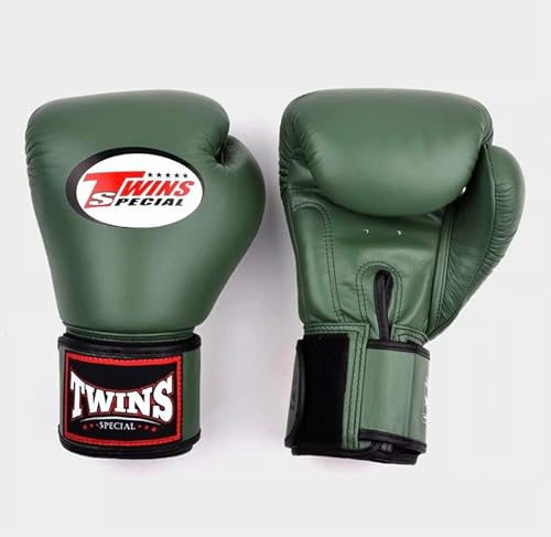 Twins Special Guantes de Boxeo Verde Oliva de 16 oz – Guantes de Cuero Profesionales para Competición, Boxeo, Kickboxing, Muay Thai y MMA