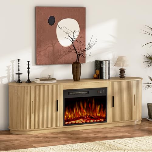 Image of Waleaf 70 inch Fluted Fireplace TV Stand with 23 inch Electric Fireplace for TVs Up to 80 inch, Entertainment Center with Sliding Door, Curved Profile Design, Wood Console for Living Room, Wood