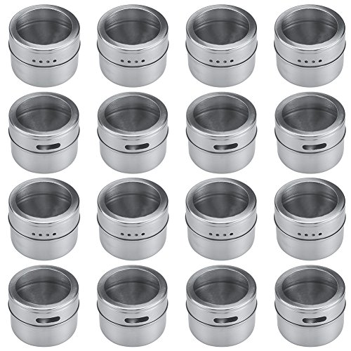Bekith 16 Pack Stainless Steel Magnetic Multi-Purpose Spice Storage Tins, Clear Top Lid with Sift or Pour, Magnetic on Refrigerator and Grill