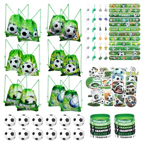 NYTGAH 122 PCS Soccer Party Favors, Soccer Goodie Bags with Wristbands, Balls, Drawstring Bags, Bracelets, Keychains, Whistles, Stickers, Sport Party Decoration & Supplies