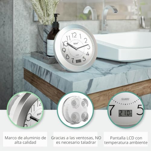 Miniatura 3 de Reloj De Baño De Cuarzo Con Pantalla Digital, Marco De Aluminio, Ventosas, Esfera Blanca, Modelo 41964, Preciso Y Funcional, Color Blanco