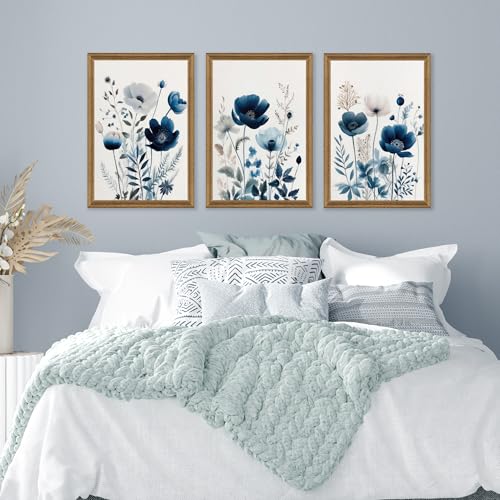 Image of DUWQU Triptych Navy Blue Watercolor Botanical Floral Wall Art 20x30 in x3