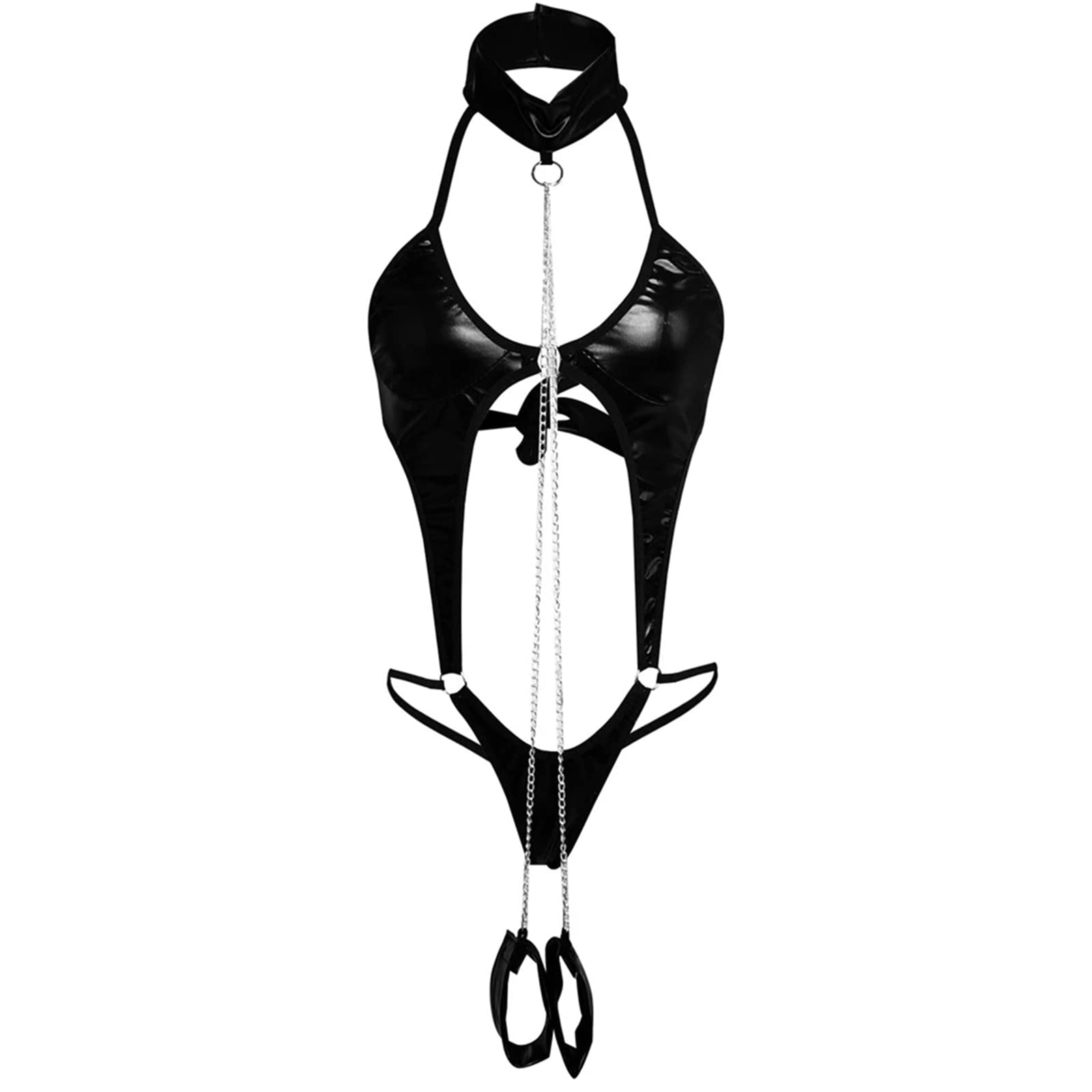 Women's Wet Look Lingerie Leather Bodysuit Halter Neck High Cut Leotard Bodysuit Clubwear,Black,S