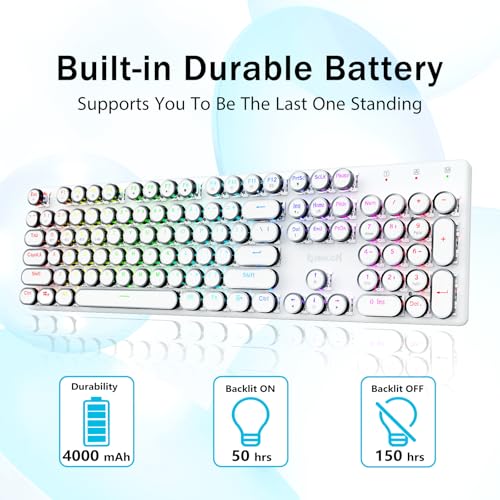 Image of Redragon K710 Wireless Typewriter Mechanical Gaming Keyboard, Bluetooth /2.4Ghz /Wired, RGB LED Backlit, Blue Switch - Clicky, Rechargeable, Solid Metal Panel, Round Keycaps, White
