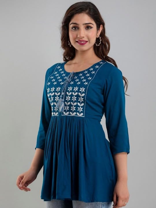 Image of Avayayat Women's Rayon Classic Heavy Embroidery Top with Beautifull Tassels at Front and on Both Sleeves Regular Fit Office Wear Festival Tunic Jeans Summer