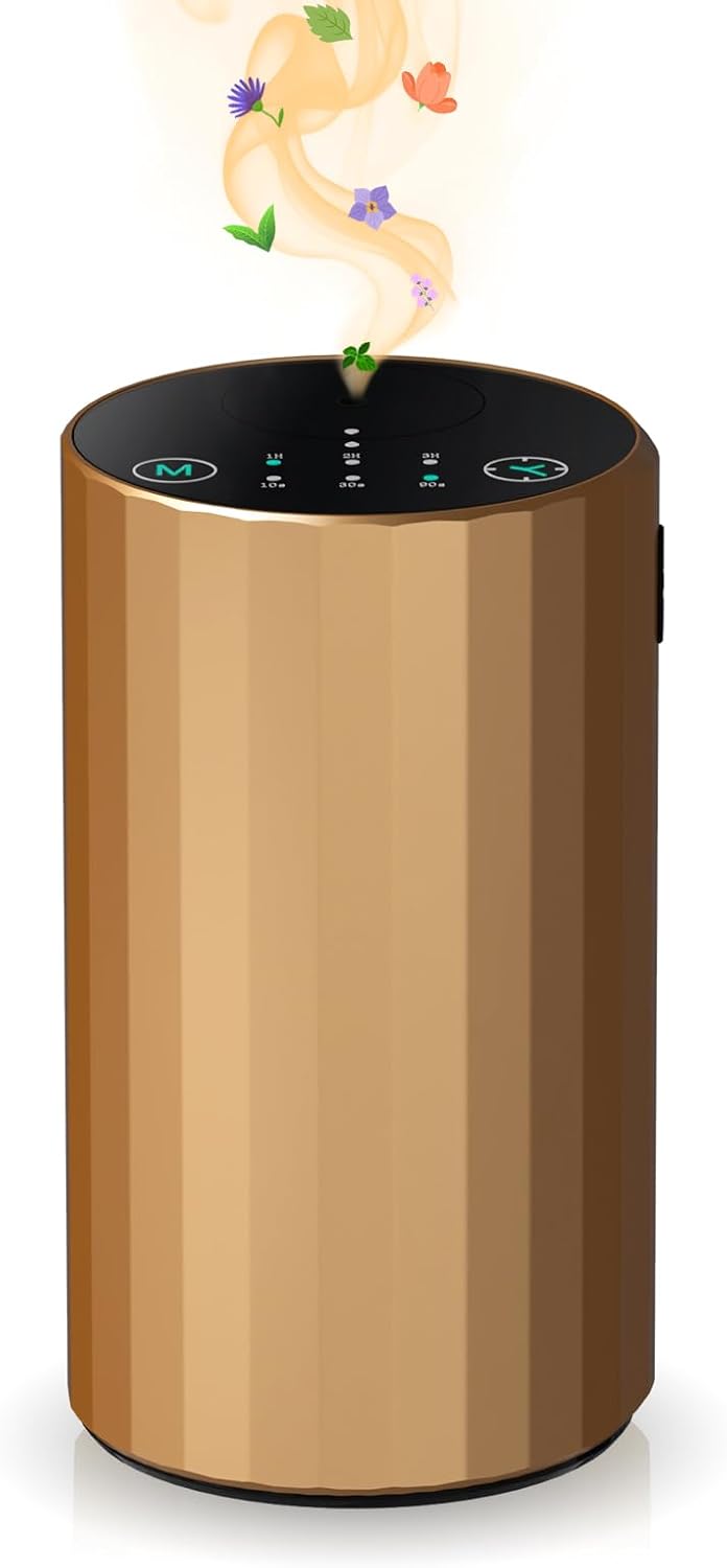 Waterless Essential Oil Diffuser Aromatherapy Scent Diffusers for Home Large Room, Bedroom, Car, Office, Desk, Battery Operated Mini Portable Air Freshener, 3 Countdown Timers & 3 Mist Levels, Gold