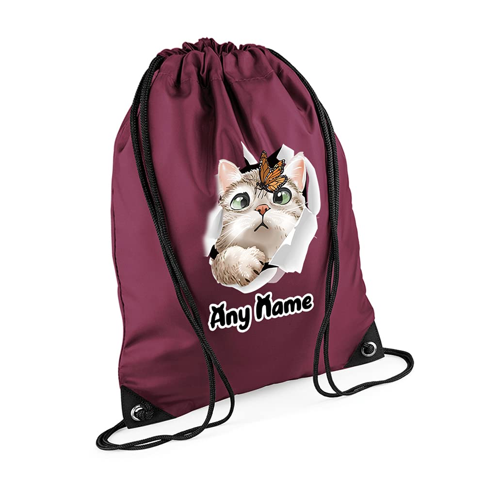 Giftme Unisex Kids Burgundy Front Personalised Butterfly On Cat Face Hidden Cat Funny Kitten Cat Birthday Gift Drawstring Bag, Pe Gym Kit, Swimming Rucksack. (Burgundy Front)