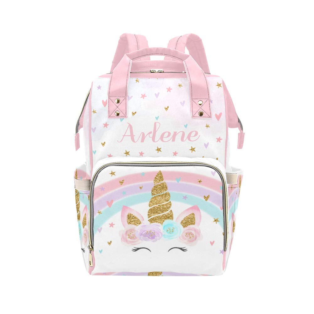 Unicorn Rainbow Watercolor Pink Personalized Diaper Bag Backpack Tote with Name,Custom Travel Nappy Mommy for Baby Girl Boy Gift, 10.83 inch * 6.69 inch* 15 inch
