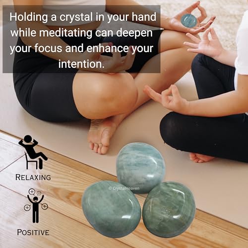 Image of Crystal Heaven Certified Aquamarine Crystal Palm Pebbles Stones For Anxiety Stress Relief Massage - Aaa Grade Original Healing Gemstone Agate Palm Stone For Yoga Meditation Spiritual Reiki Feng Shui