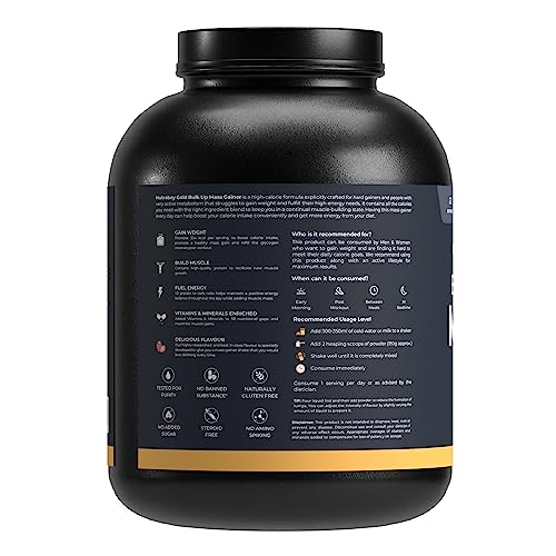 Image of Nutrabay Gold Bulk Up Mass Gainer Powder - 3kg, Strawberry | 30g Protein, 104g Carbs, 554 Calories | Easy to Digest | 100% Veg Muscle Building & Weight Gainer Supplement for Men & Women