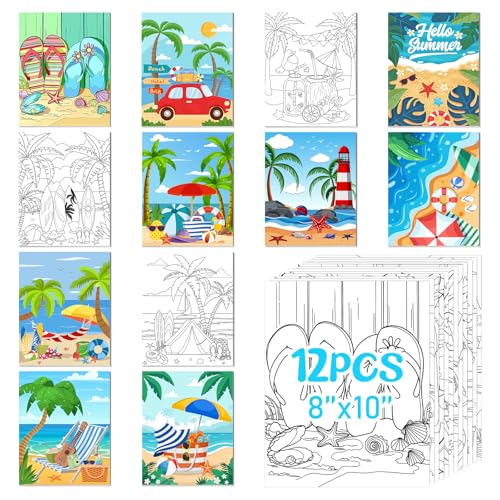 Cinpode 12 Pcs Pre Drawn Canvas to Paint for Adults Kids - 8x10 Inches Pre Printed Framed Canvases Set for Sip and Paint Party Pre Sketched Canvas for DIY Craft Home Decors