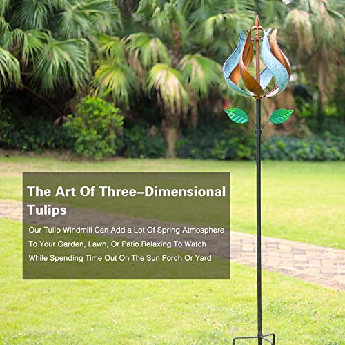 3D Kinetic Tulip Garden Wind Spinner, 14" Wide, 75.5" High 360 Degrees Flower Windmill - Decorative Wind Spinners Lotus-Shaped For Home Outdoor Patio, Lawn & Garden Decoration #TOP6