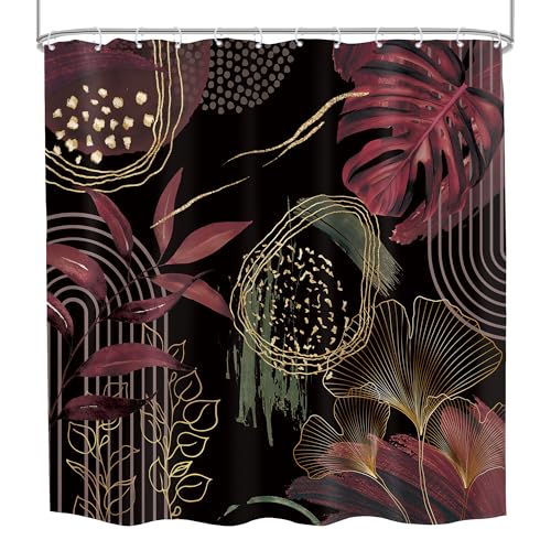 Mid Century Black Burgundy Boho Abstract Botany Bathroom Shower Curtain Set by Mitpok - Used condition - Image 8