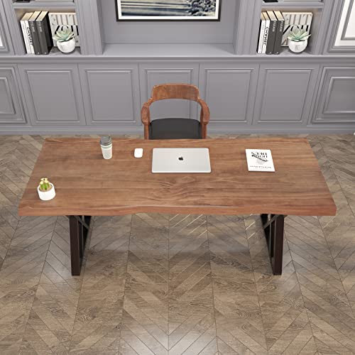 Qzyjkj Study Computer Desk 55" Home Office Writing Small Desk, Modern Simple Style Pc Table, Black Metal Frame, Real Wood Planks #TOP3