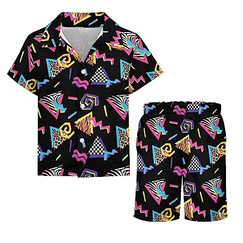 OLGCZM 80s 90s Memphis Boys Hawaiian Shirt Sets Kids Casual Button Down Short Sleeve Shirt 7-8T